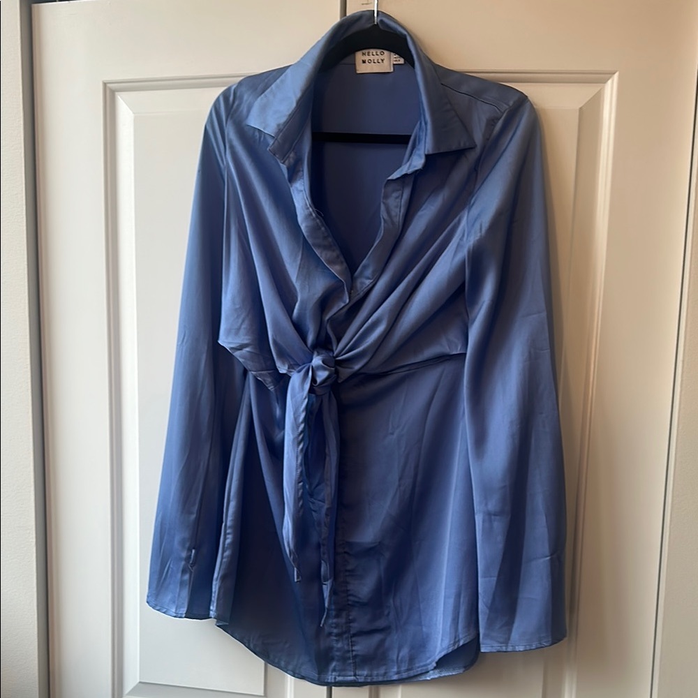 Blue Satin Tie-Front Dress